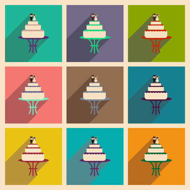 Lakás web ikonok a hosszú árnyék esküvői torta - Vektor, kép