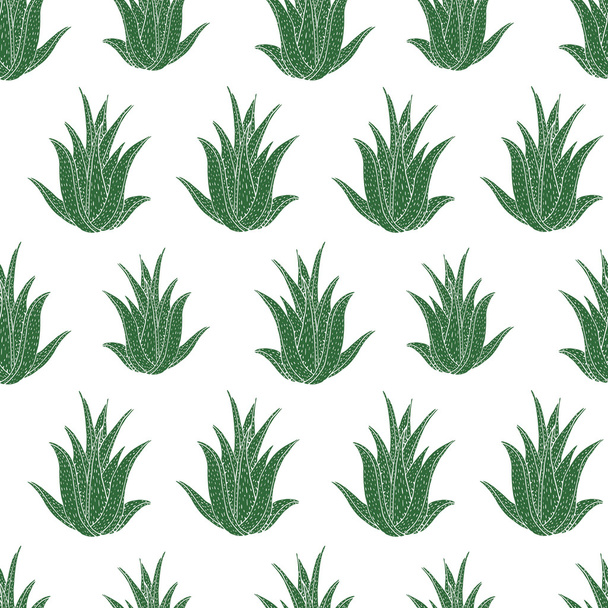 Seamless vector pattern with aloe vera. Creative hand drawn texture aloe leaves on white. Hand drawn floral pattern. Ready design for cosmetics products, healthy care, etc. - Vector, Imagen