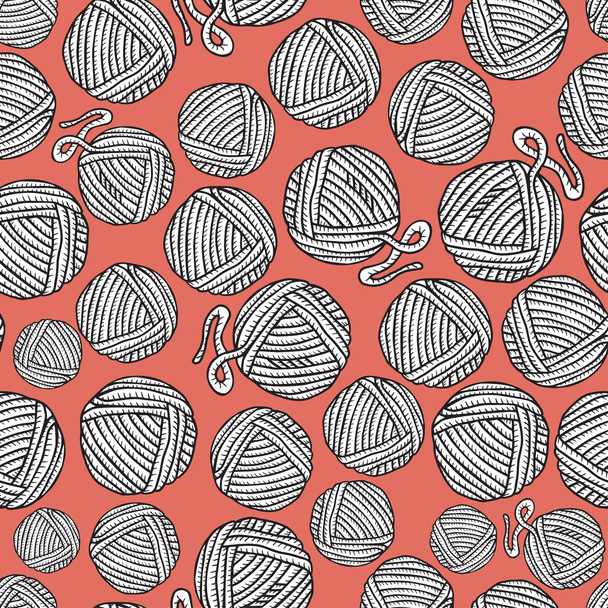 Seamless vector pattern with hand drawn balls of yarn  in vintage style. Texture with orange background - Vektor, obrázek