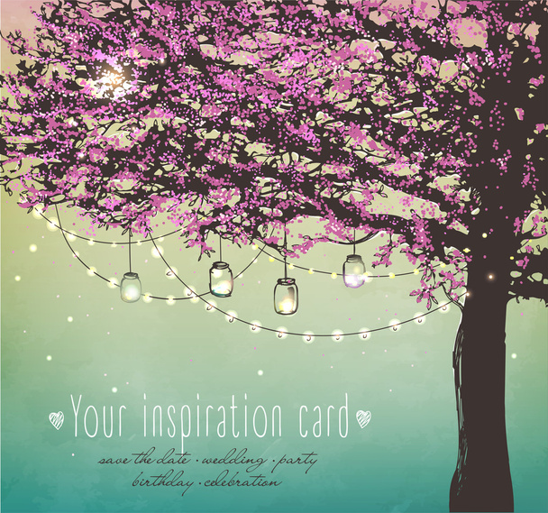 Inspiration card for wedding, date, birthday, tea and garden party.  Beautiful pink tree with decorative lights for party - Vector, Image