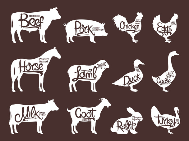 Farm Animals Silhouettes Collection. Modelos de etiquetas de açougue
 - Vetor, Imagem
