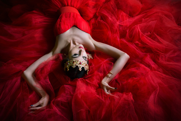 Kaunis tyttö pitkä punainen mekko ja kuninkaallinen kruunu
 - Valokuva, kuva