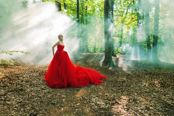 Une fille en robe rouge longue et une couronne royale
 - Photo, image