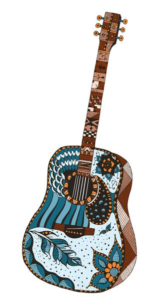 Acoustic guitar. Zentangle stylized. Pattern. Vector illustration . Freehand pencil. Hand drawn. Color. - Vector, Image