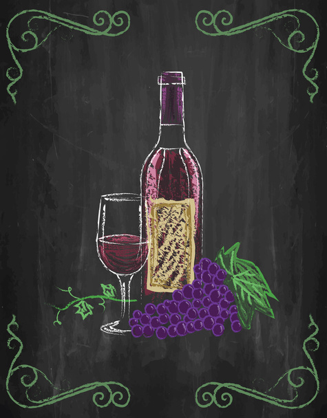 Wine glass and bottle with grapes and vines on chalkboard background, vector, illustration. - Vector, afbeelding