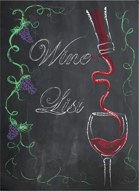 Wine list with wine glass and wine bottle on chalkboard background. - Wektor, obraz