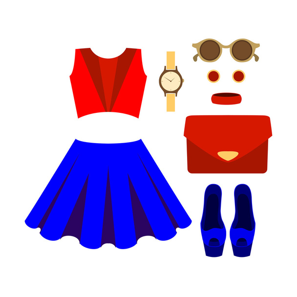 Divatos női ruha, szoknya, top, és tartozékok készlet - Vektor, kép