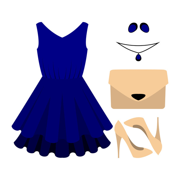 Μοντέρνα γυναικεία ρούχα με μπλε φόρεμα και αξεσουάρ - Διάνυσμα, εικόνα
