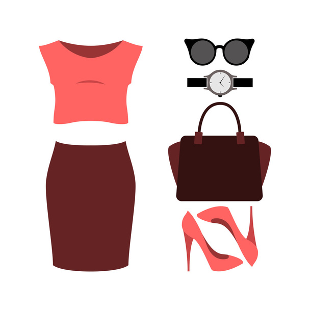 Μοντέρνα γυναικεία ρούχα με κόκκινη φούστα, πάνω και accessorie - Διάνυσμα, εικόνα