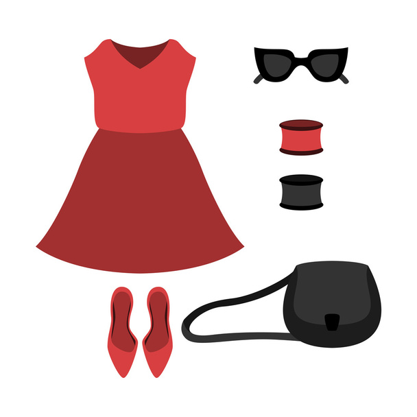 Μοντέρνα γυναικεία ρούχα με κόκκινο φόρεμα και αξεσουάρ - Διάνυσμα, εικόνα