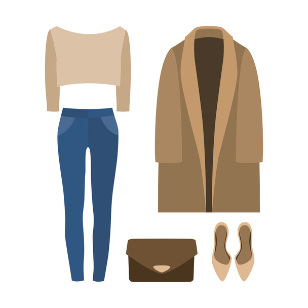 Μοντέρνα γυναικεία ρούχα με παλτό, πουλόβερ, τζιν και acc - Διάνυσμα, εικόνα