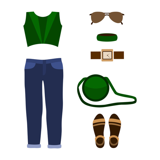 Conjunto de roupas femininas da moda com jeans, top e acessórios
 - Vetor, Imagem