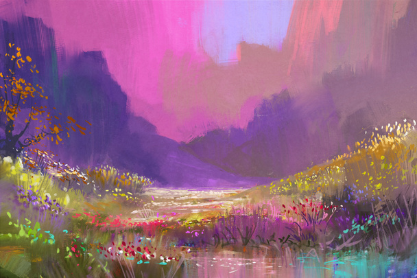 piękny krajobraz w górach z kolorowych kwiatów - Zdjęcie, obraz
