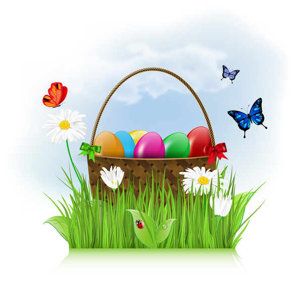春の牧草地の木製バスケットでイースターの卵 - ベクター画像