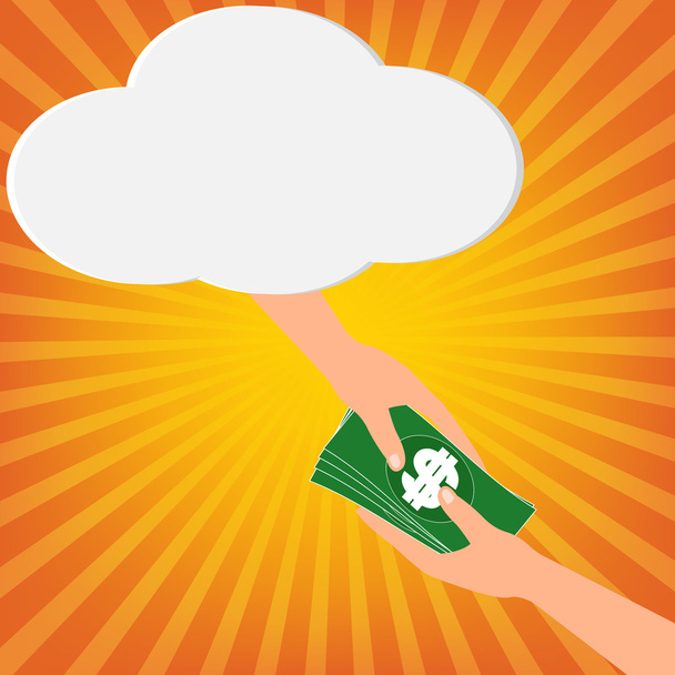 Menselijke hand ontvangen geld bankbiljetten van god hand op wolk - Vector, afbeelding