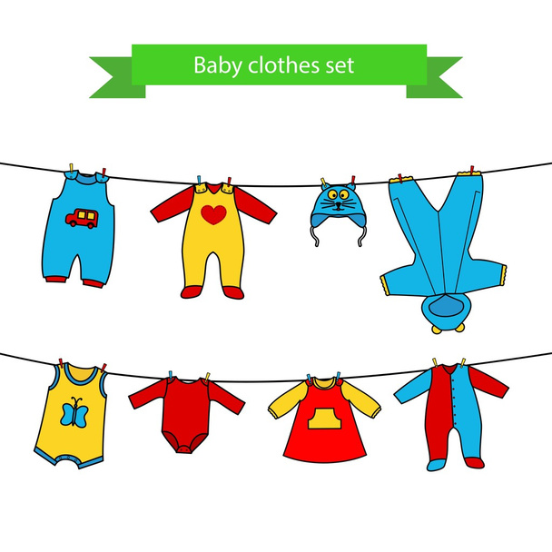 Set von niedlichen Kleidern für das kleine Baby an der Wäscheleine. - Vektor, Bild