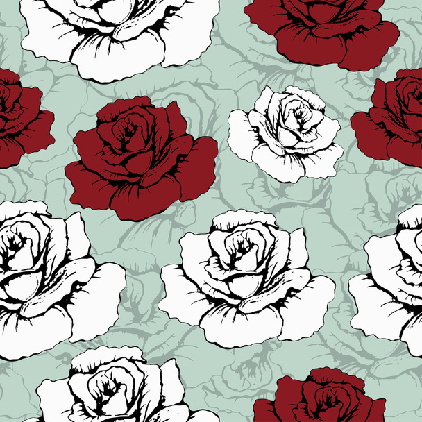 Seamless pattern of flowers roses. Red and white roses on a blue background with flowery patterns. Wallpaper, paper, wrapper, packaging, cover, fabric design, textile print, decor element, decoration - Vektor, obrázek
