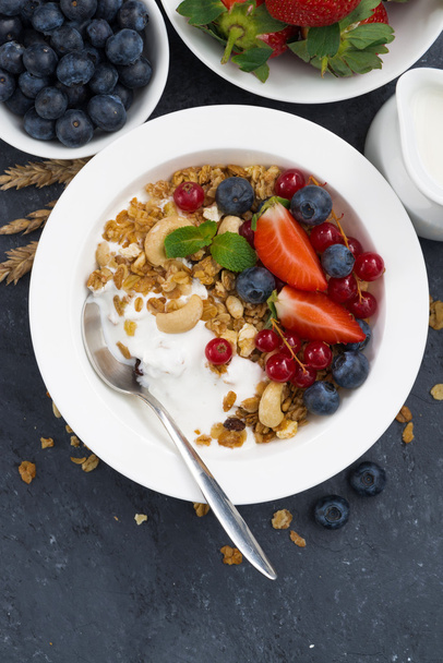 Baked muesli with fresh berries, yogurt and dark background - Fotó, kép