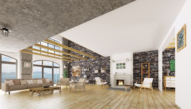 Interiér moderního podkrovního bytu 3D vykreslení - Fotografie, Obrázek