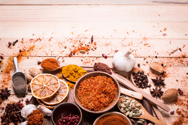 spices and herbs on wooden table. - Photo, Image