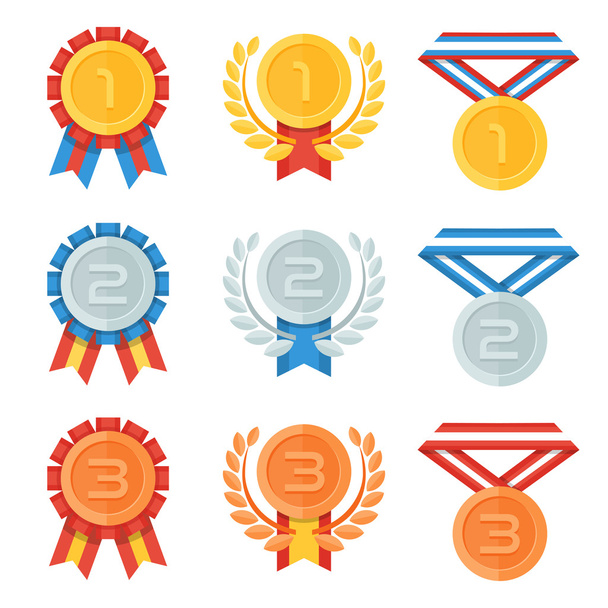 Gold, silver, bronze medal in flat icons set. - Vector, Image