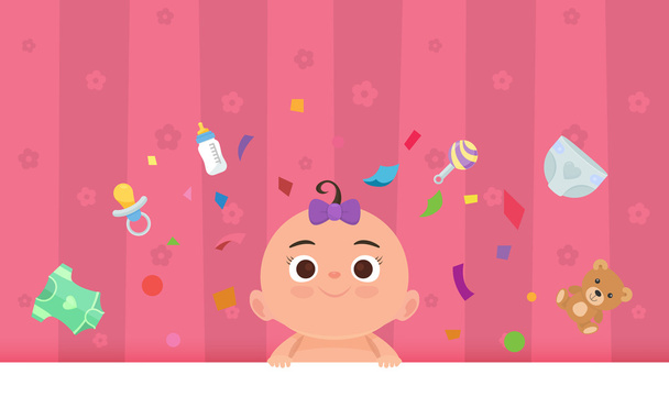 Плоская маленькая счастливая девочка с игрушками
 - Вектор,изображение