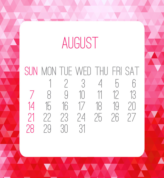 August 2016 monthly calendar - Vetor, Imagem