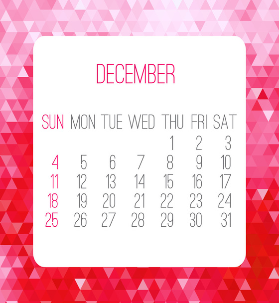 December 2016 monthly calendar - Vector, imagen