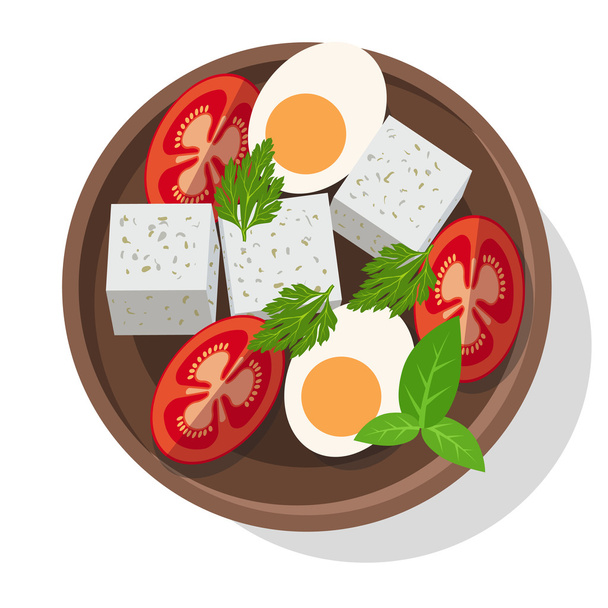 Fresh salad with cheese, eggs, tomatoes and greens. Vector illustration - Vector, Image