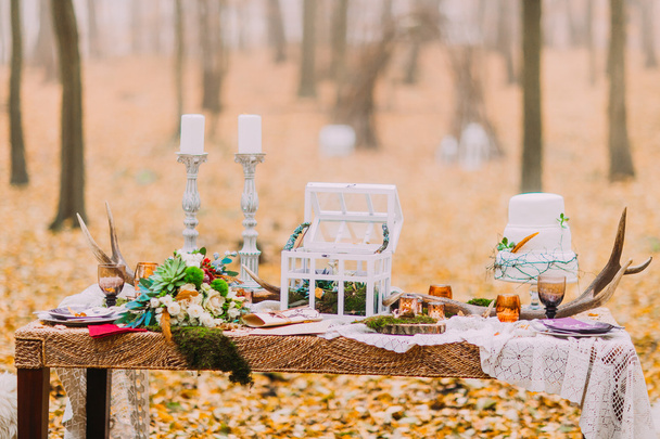 Vintage wedding table decorated with deer horns and features - 写真・画像