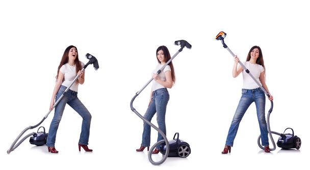 Collage van vrouw schoonmaken met stofzuiger - Foto, afbeelding