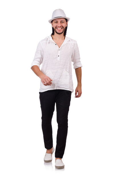 Fiatal férfi kalapban elszigetelt fehér - Fotó, kép