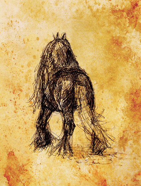 Kreslení koně tužkou na papíru a staré vinobraní papír struktura. - Fotografie, Obrázek