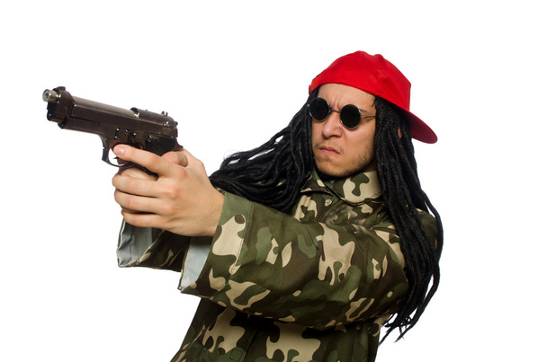 Смішний хлопець з пістолетом ізольований на білому
 - Фото, зображення