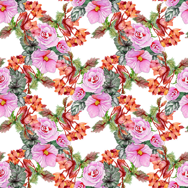 blooming roses and hibiscus flowers - Zdjęcie, obraz