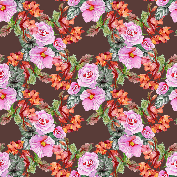 blooming roses and hibiscus flowers - Zdjęcie, obraz
