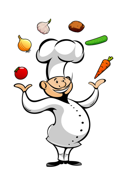 Zeichentrickkoch jongliert mit frischem Gemüse - Vektor, Bild
