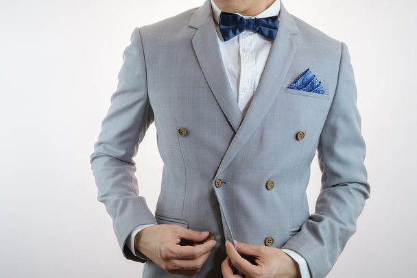 grey suit plaid texture, bowtie, pocket square - Фото, изображение
