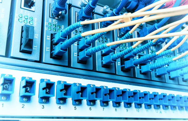 Cables de fibra óptica conectados a puertos ópticos y cable de red
 - Foto, Imagen
