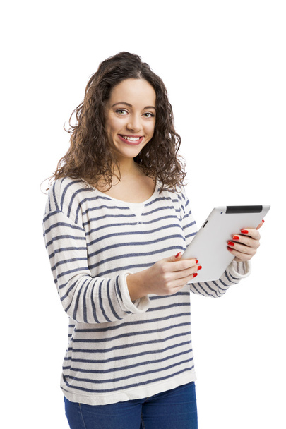 Happy girl working with a digital tablet, - Photo, Image