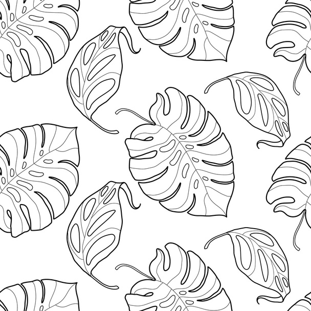 Black and white graphic tropical leaves seamless pattern - Vettoriali, immagini