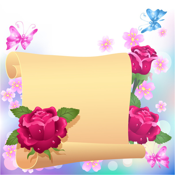 Rolled parchment and roses - Vetor, Imagem