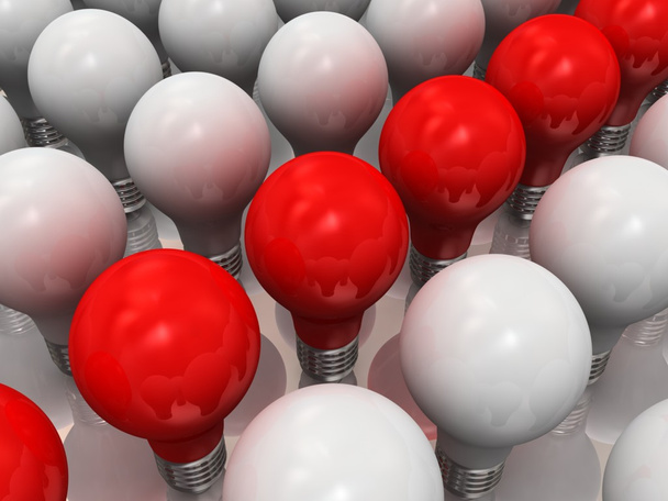 Red lits light bulb amongst other broken light bulbs - Photo, Image