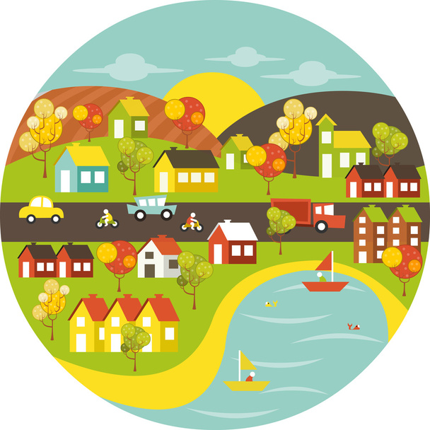 city with houses, cars, trees and river - Vector, Image