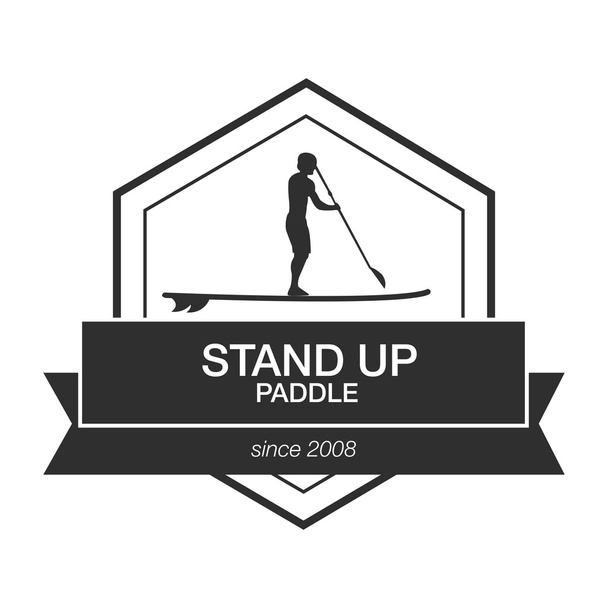 Black and white logo template for stand up paddling. Athletic labels and badges. - Διάνυσμα, εικόνα