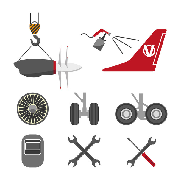 Samenstel van vliegtuigonderdelen dat op witte achtergrond. Platte vector icons set. AIRC - Vector, afbeelding