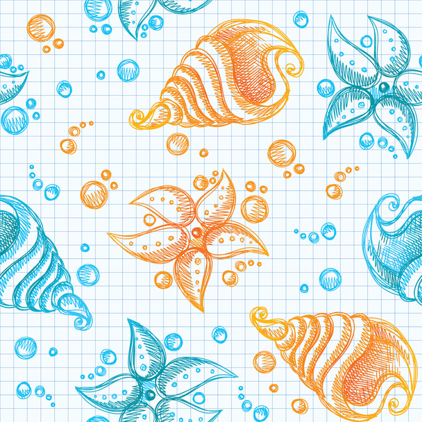 Hand drawn pattern of starfishes and shells - Vektor, obrázek