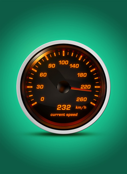 Na białym tle prędkościomierz pokazuje aktualne prędkości 232 kilometrów godzina na A zielony - Zdjęcie, obraz
