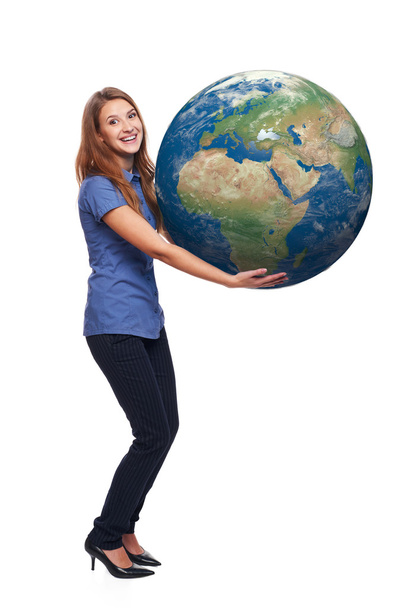 Woman in full length holding earth globe - Foto, imagen