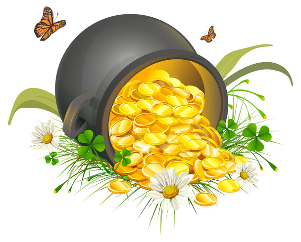 Overturned pot of gold coins. Cauldron of gold - Vektor, obrázek